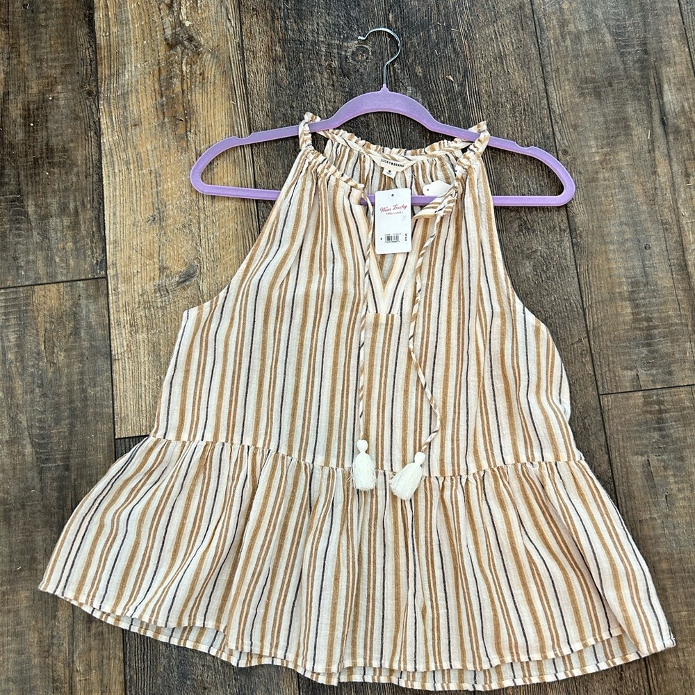 Lucky Brand Cream and Brown Striped Halter Peplum Top